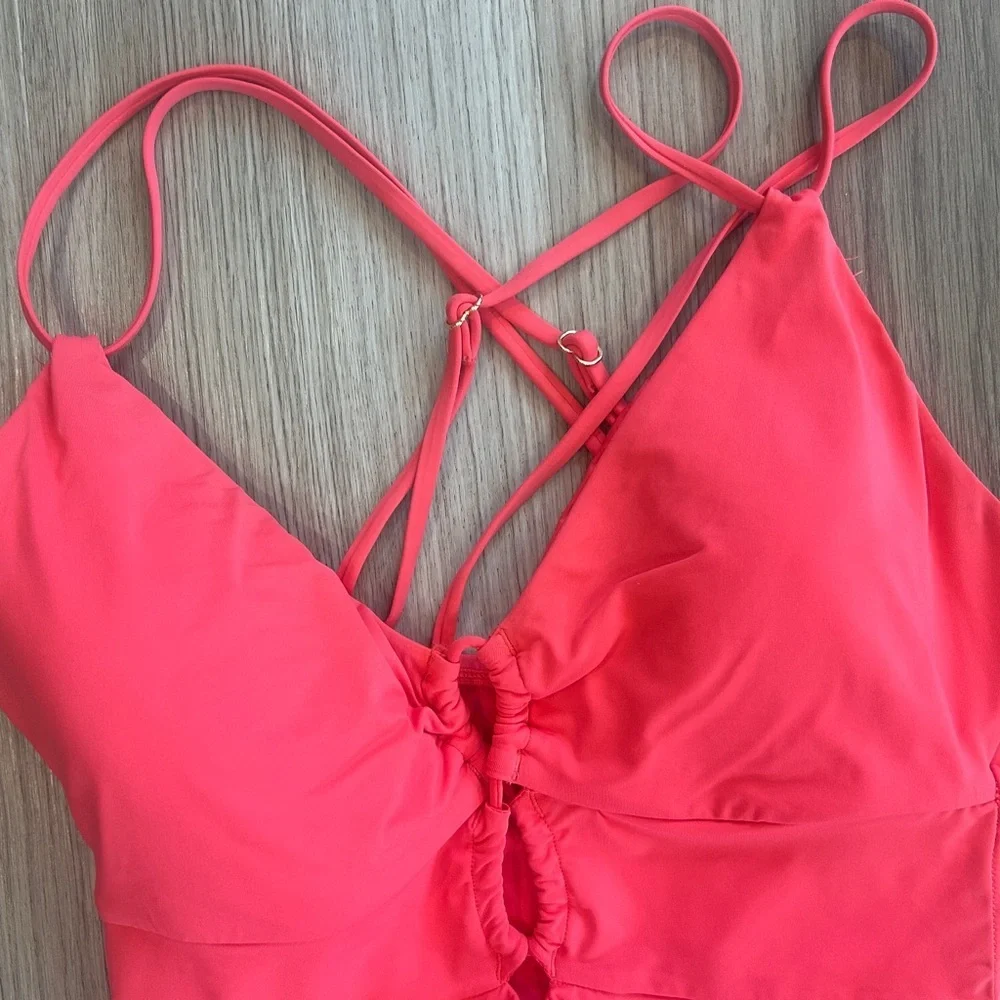 La Blanca Flattering Island Goddess Lace-Up One-Piece Swimsuit Guava Size 14 - Picture 4 of 8